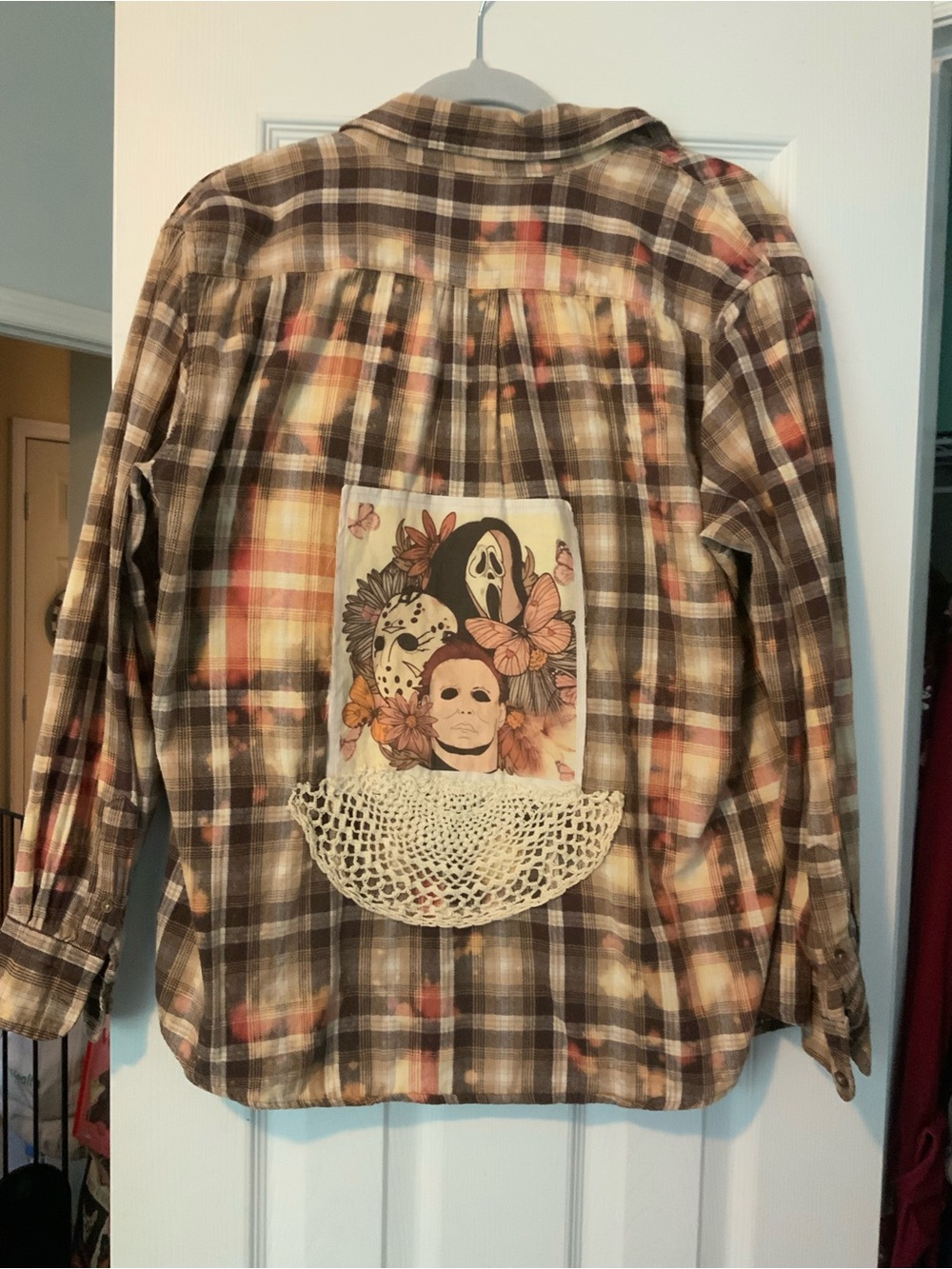 Upcycled Brown Flannel Shirt Featuring Classic Horror Characters & Lace Detail.